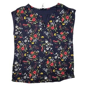 Papermoon Floral Split Neck Navy Blouse Cap Sleeve Stretch Top Size M NWT